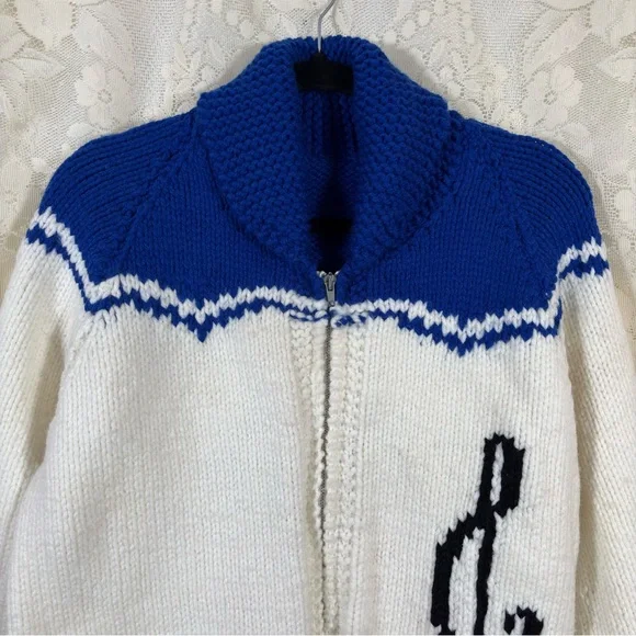 Vintage 70s Cowichan Blue and White Zip-Up Cardigan Music Dancer Size Medium - Picture 5 of 9